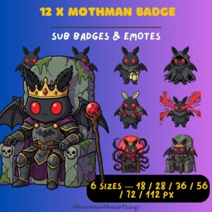 Mothman Badge Twitch emote set with 12 designs in 6 sizes, featuring cute dark creature character with crown and wings for...