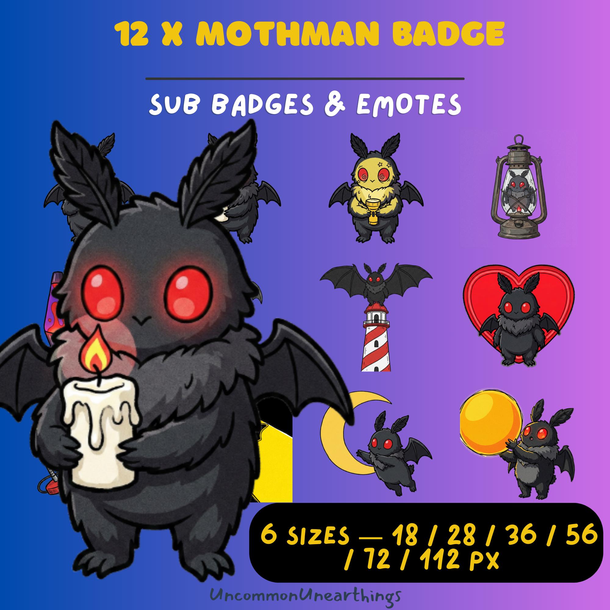 12x Mothman badge emote pack with sub badges and emotes in 6 sizes for Twitch and Discord streaming