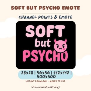 Soft but Psycho emote with pink devil face, available in 28x28, 56x56, 112x112, 500x500 pixels for Twitch and Discord