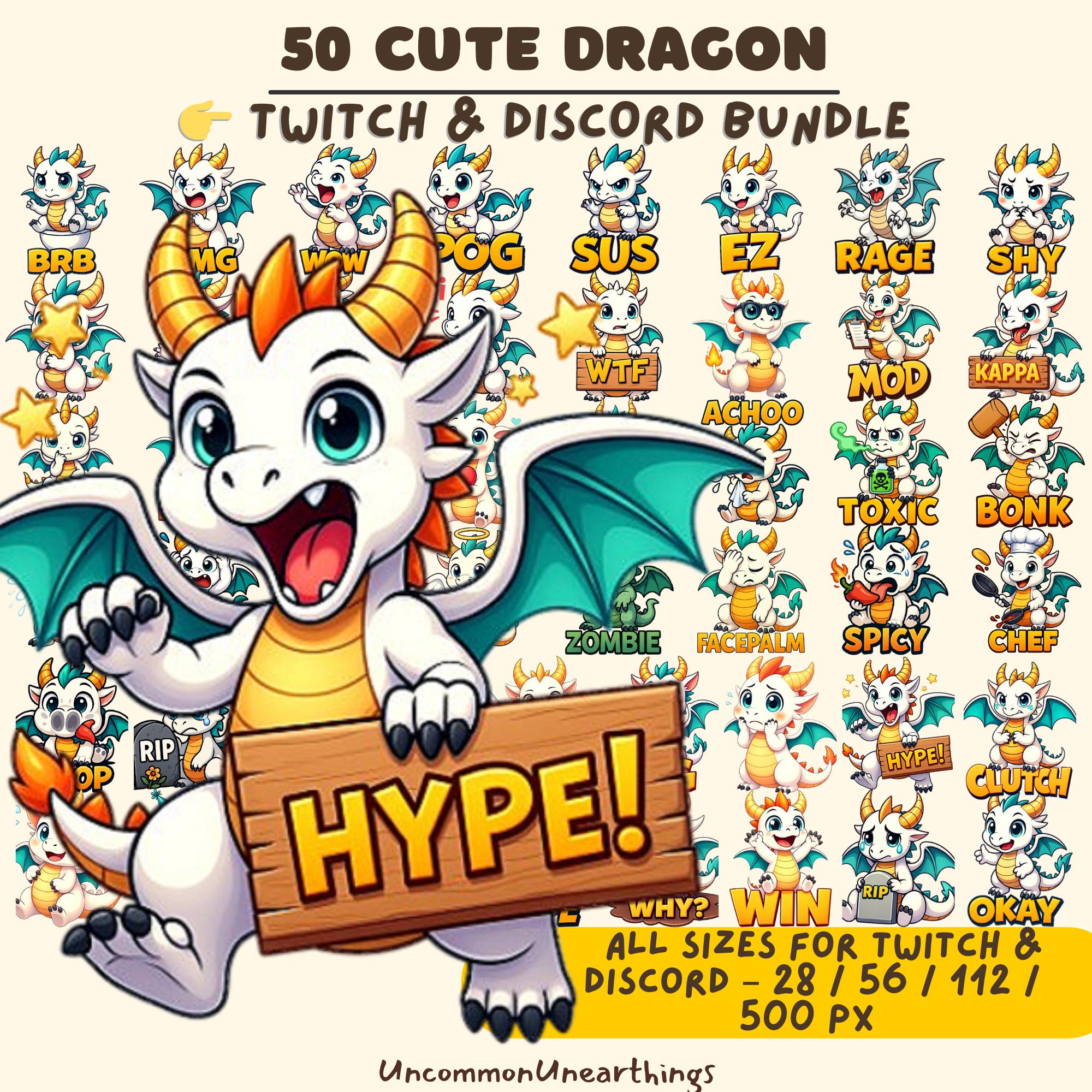 50 cute dragon Twitch Discord emote bundle with 50 unique expressions in multiple sizes for streamers