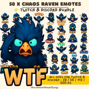 50 Chaos Raven Twitch Discord Emotes Bundle - Blue bird emojis in multiple sizes for streaming and gaming communities