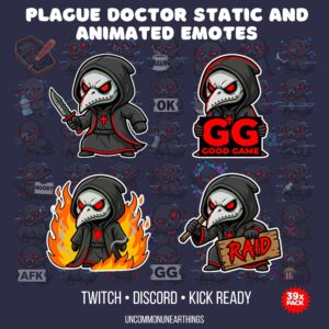 Plague Doctor Static and Animated Emotes for Twitch Discord Kick - 39 Pack Gaming Emojis