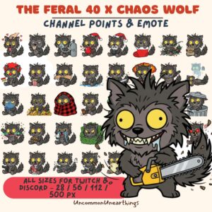 The Feral 40 x Chaos Wolf Twitch Discord emote pack featuring 40 unique wolf character expressions and poses in multiple s...