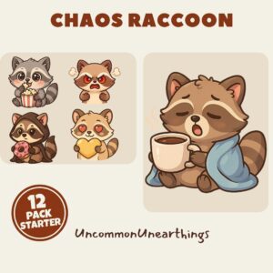 Chaos Raccoon emote pack featuring cute cartoon raccoons in various emotions holding food and drinks, 12-pack starter set