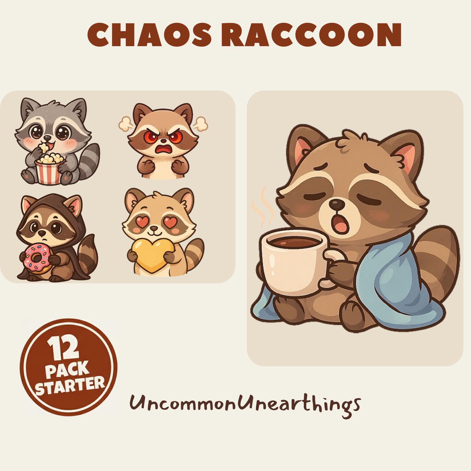 Chaos Raccoon cute emote pack featuring 12 cartoon raccoon character expressions with popcorn, donuts, and coffee illustra...
