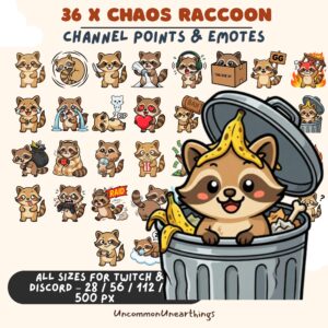 36 Chaos Raccoon Twitch Discord emotes and channel points with cute cartoon raccoon characters in various poses and expres...