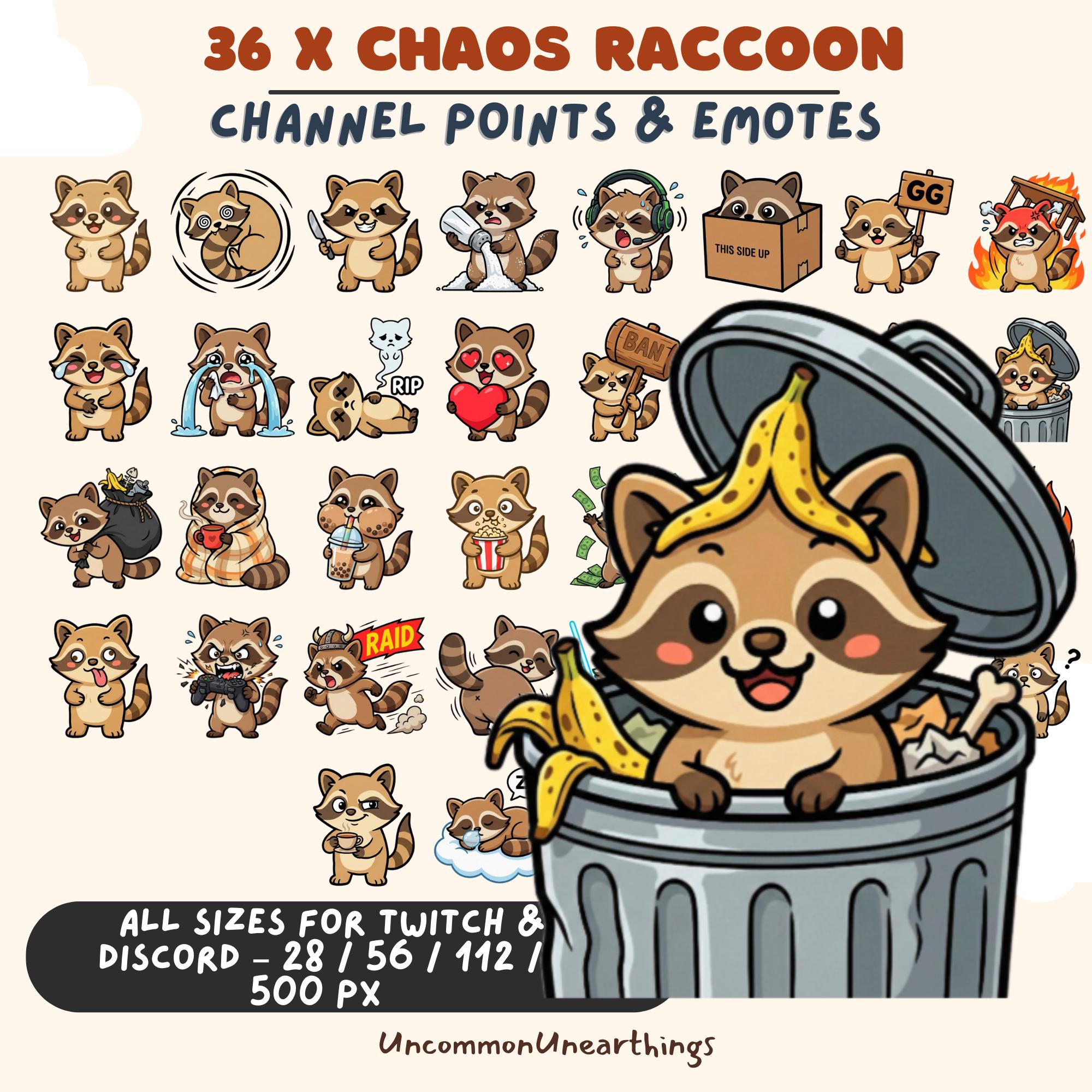 36 Chaos Raccoon Twitch Discord emotes and channel points in multiple sizes for streamers