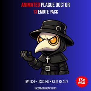 Animated Plague Doctor emote pack for Twitch Discord Kick - 13 animated emotes with golden eyes and black costume