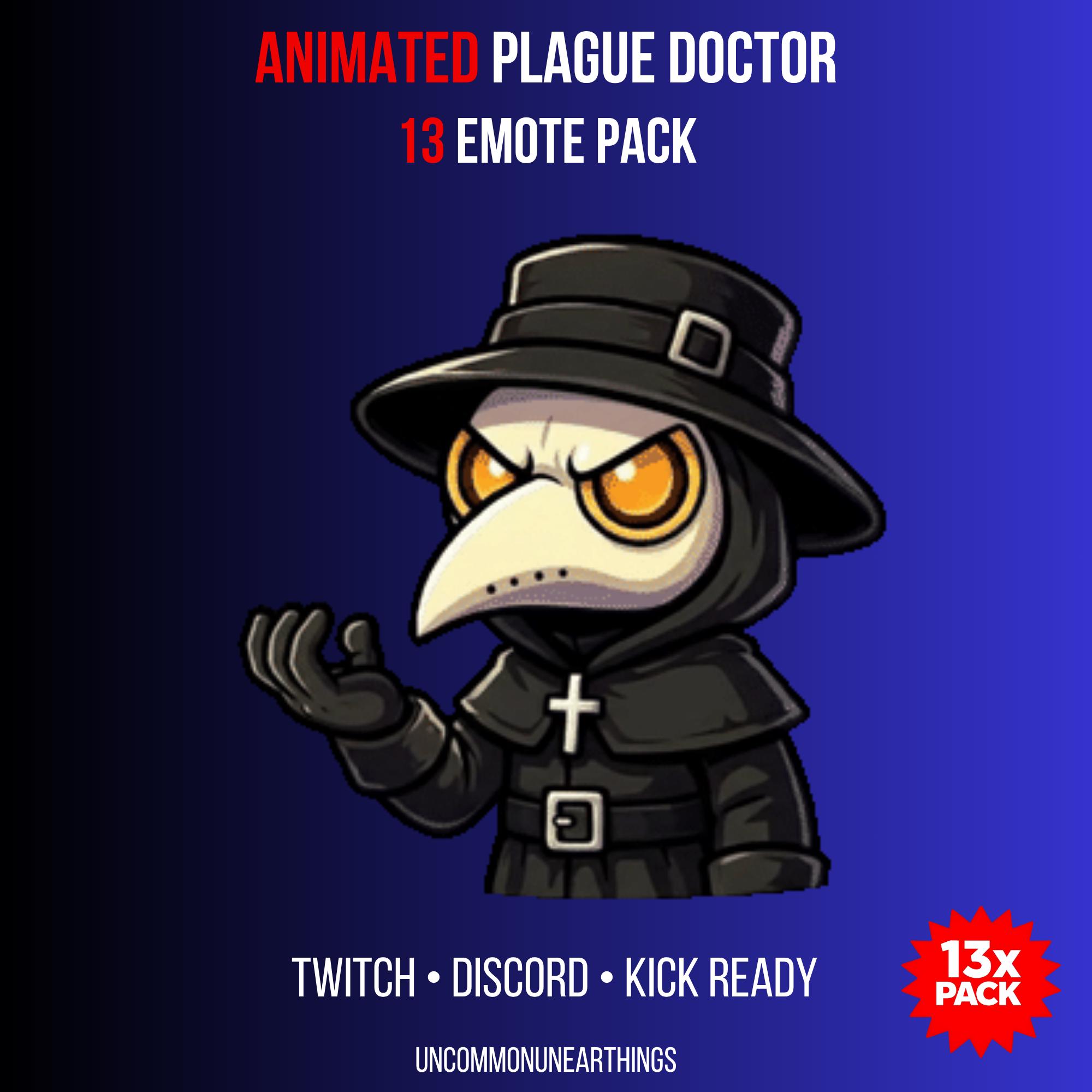 Animated Plague Doctor emote pack for Twitch Discord Kick - 13 animated emotes with golden eyes and black costume