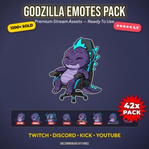 Godzilla emotes pack with 42 purple monster emojis for Twitch, Discord, Kick, YouTube streaming platforms