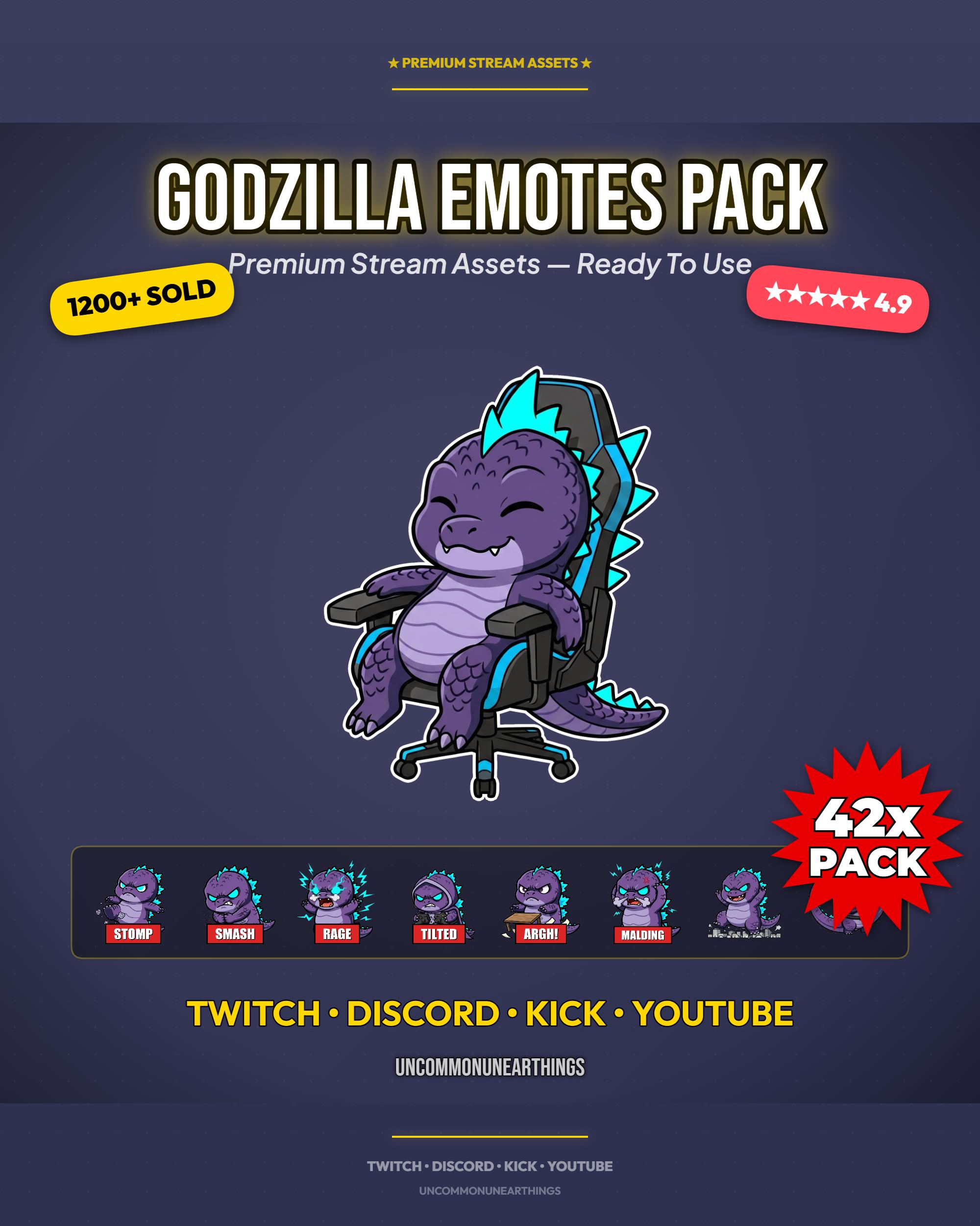 Godzilla emotes pack with 42 purple monster emojis for Twitch, Discord, Kick, YouTube streaming platforms