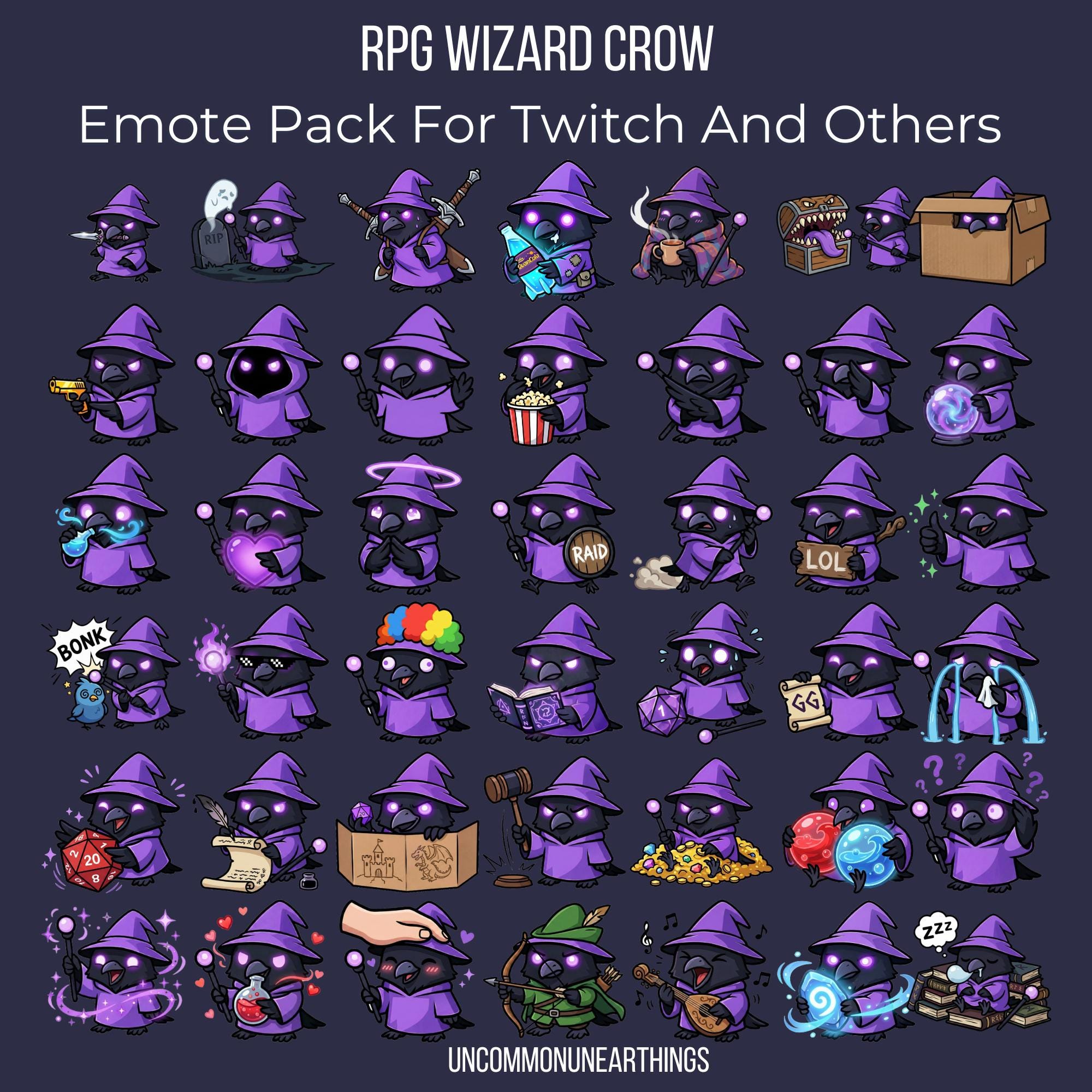42 Wizard Crow Emote Pack | RPG Twitch Discord - Image 2
