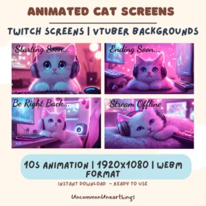 Cat VTuber Overlay Pack | Animated Twitch Screens