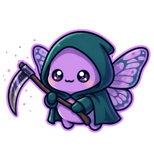 Cute chibi fairy grim reaper with purple wings holding scythe, kawaii character emote illustration