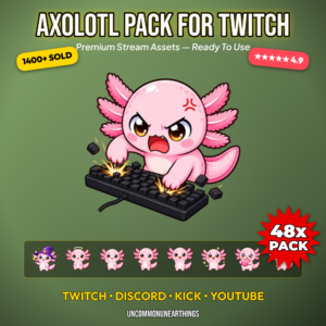48 cute pink chibi axolotl emotes pack with funny reactions and sunglasses for Twitch Discord Kick YouTube