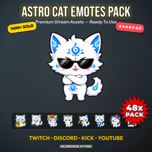 48 cute white chibi astro cat emotes with blue cosmic markings funny reactions including sunglasses clown king wizard GG raid ban and MOD for Twitch Discord