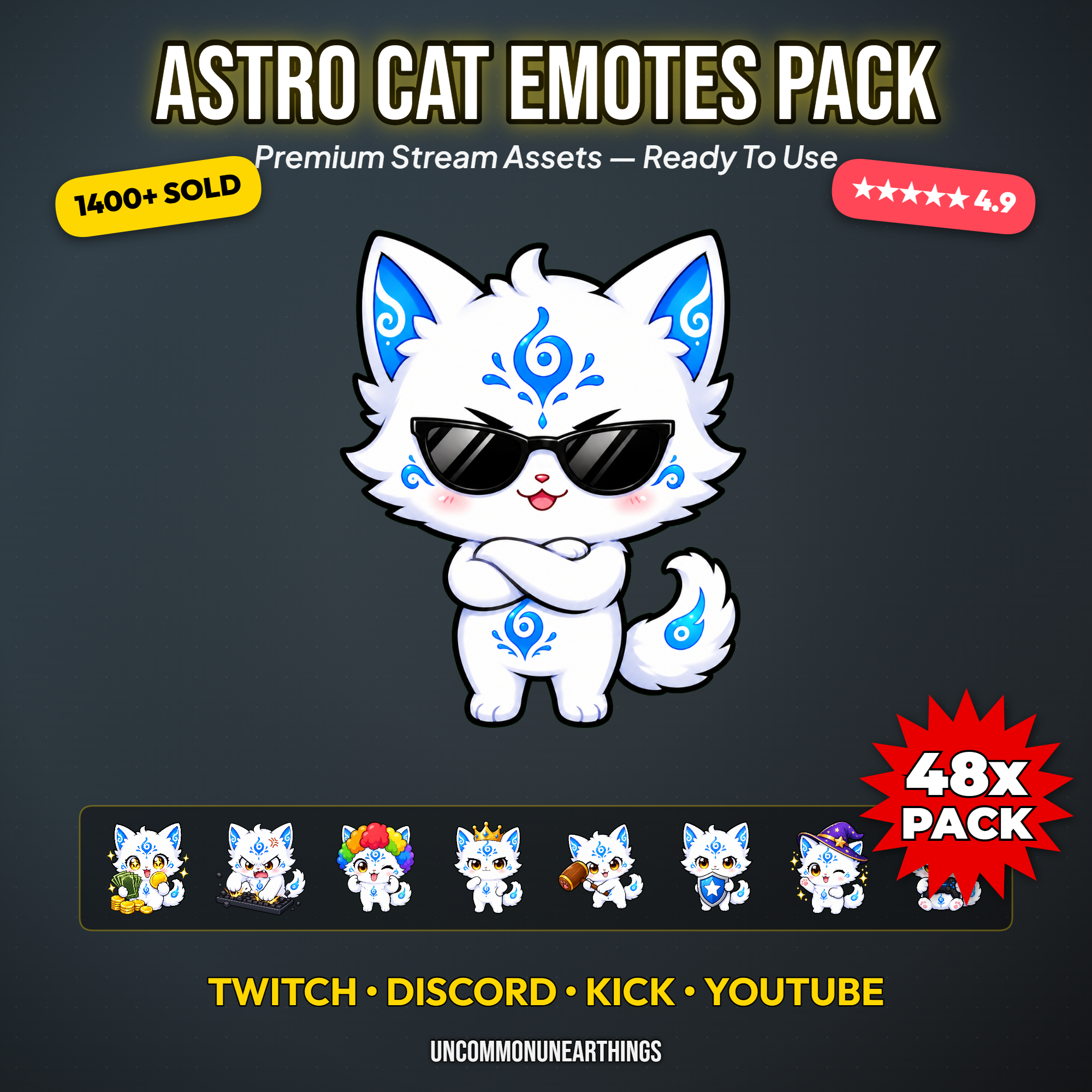 48 cute white chibi astro cat emotes with blue cosmic markings funny reactions including sunglasses clown king wizard GG raid ban and MOD for Twitch Discord