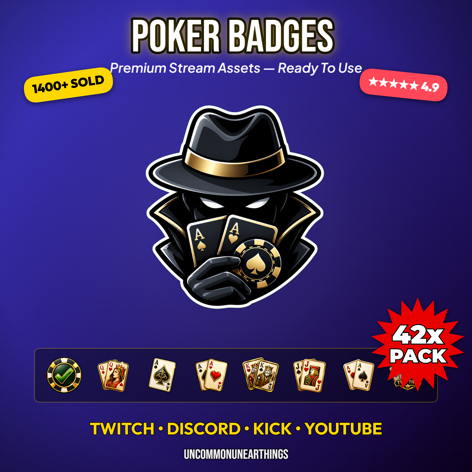42 luxury gold poker sub badges and casino stream assets including cards chips dice poker hands and masked dealer for Twitch Discord Kick and YouTube