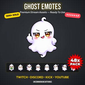 48 cute kawaii ghost emotes with golden sparkle eyes and funny reactions including middle finger GG EZ lurk roomba love and sleep for Twitch Discord Kick YouTube