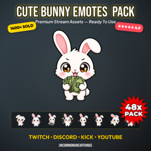 48 cute white chibi bunny emotes with big sparkle eyes funny reactions including money witch santa roomba hype love sleep and middle finger for Twitch Discord