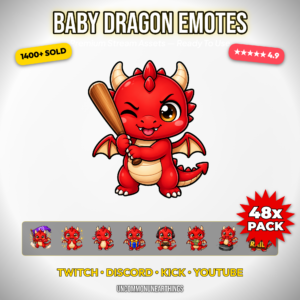 48 cute red chibi baby dragon emotes with funny reactions including baseball bat fire breath raid GG EZ lurk roomba gaming headset and sleep for Twitch Discord