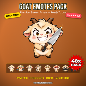 48 cute chibi goat emotes with funny reactions including knife dealer trench coat keyboard chew rage GG EZ lurk and bonk for Twitch Discord Kick and YouTube streamers