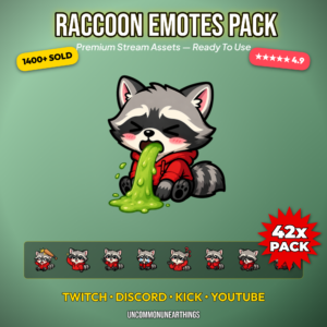 42 cute chibi raccoon emotes with funny reactions including puke bonk RAID sign GG roomba ride trash can hide sunglasses and crying for Twitch Discord Kick and YouTube streamers