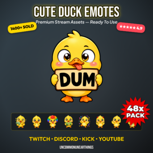 48 cute chibi duck emotes with funny reactions including DUM sign RAID GG BAN clown wig wizard hat blanket hug devil horns and popcorn for Twitch Discord Kick and YouTube streamers