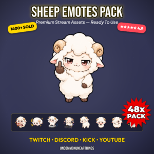48 cute chibi sheep emotes with funny reactions including middle finger RAID sign W sign pizza blanket wrap trench coat dealer gaming controller sunglasses and money bag for Twitch Discord Kick and YouTube streamers