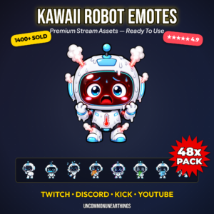 48 cute kawaii robot emotes with funny reactions including overheating meltdown puke F key RAID sign GG BRB dead screen DJ turntable heart eyes and middle finger for Twitch Discord Kick and YouTube streamers