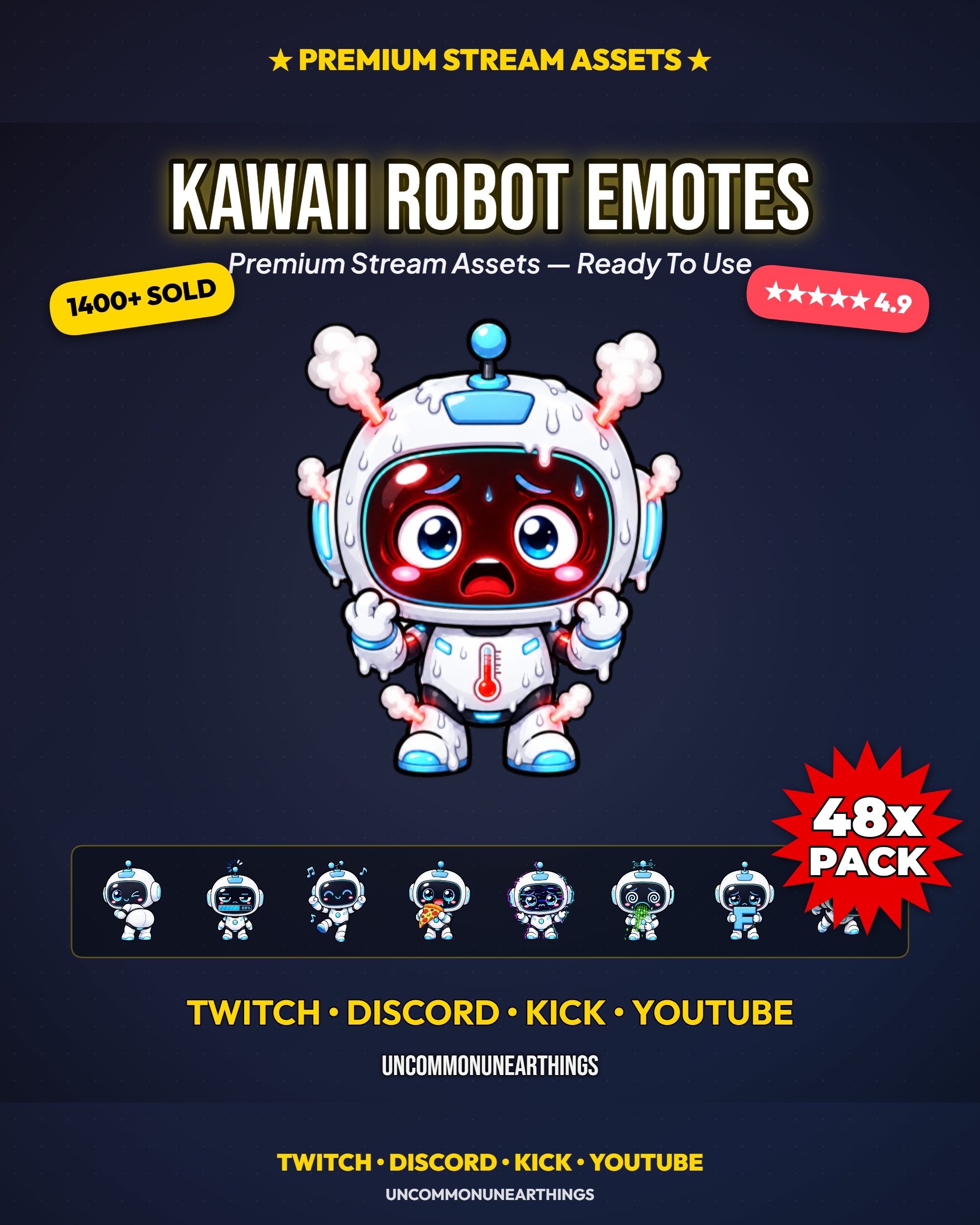 48 cute kawaii robot emotes with funny reactions including overheating meltdown puke F key RAID sign GG BRB dead screen DJ turntable heart eyes and middle finger for Twitch Discord Kick and YouTube streamers