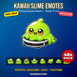 48 cute kawaii slime emotes with funny reactions including roomba ride GG sign RAID sign W sign BAN hammer jar trap DJ turntable F key detective angel devil and money bag for Twitch Discord Kick and YouTube streamers