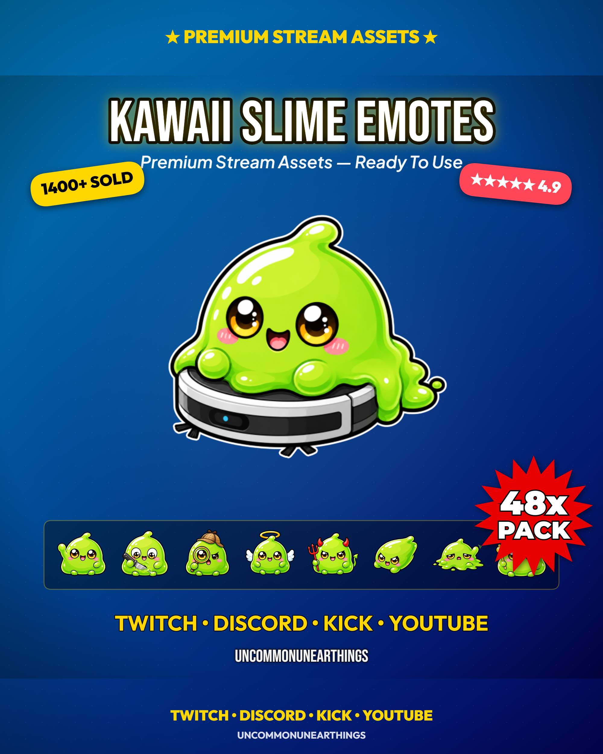 48 cute kawaii slime emotes with funny reactions including roomba ride GG sign RAID sign W sign BAN hammer jar trap DJ turntable F key detective angel devil and money bag for Twitch Discord Kick and YouTube streamers