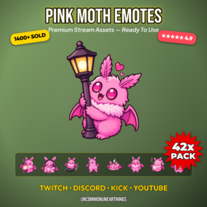 42 cute chibi pink moth emotes with funny reactions including lamp hug RAID sign GG sign DOOM sign bonk explosion blanket wrap trash can hide cookie middle finger and reading spellbook for Twitch Discord Kick and YouTube streamers
