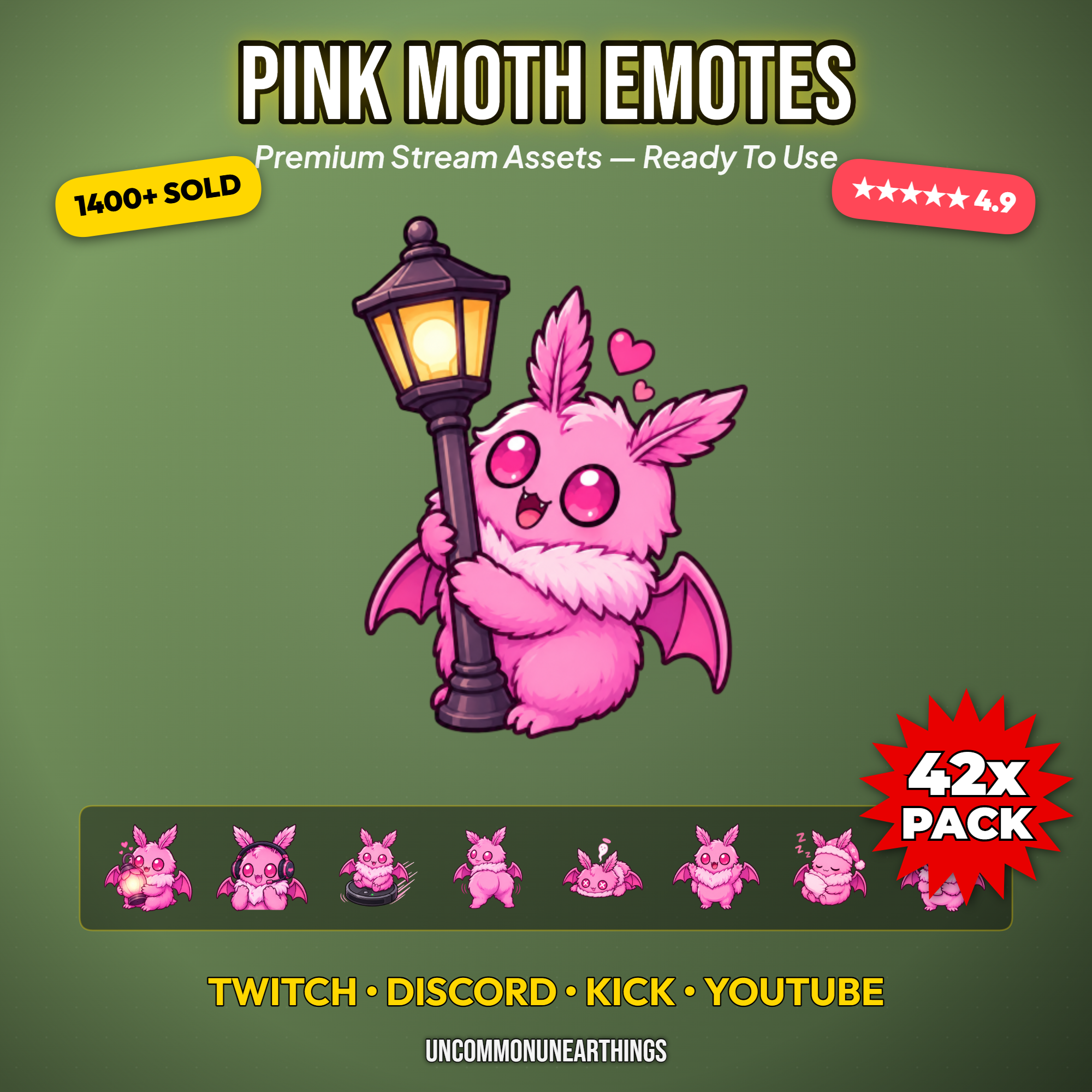 42 cute chibi pink moth emotes with funny reactions including lamp hug RAID sign GG sign DOOM sign bonk explosion blanket wrap trash can hide cookie middle finger and reading spellbook for Twitch Discord Kick and YouTube streamers