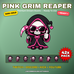 42 cute chibi pink grim reaper emotes with funny reactions including scythe thumbs up sunglasses GG sign RAID sign W sign pink puke roomba ride coffin lurk microphone popcorn and money bag for Twitch Discord Kick and YouTube streamers