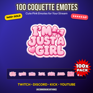 100 cute pink coquette text emotes with funny reactions including I'm Just A Girl Delulu Rizz Slay Pookie Feral Mode Princess Era Soft But Psycho GG RAID and No Thoughts Just Vibes for Twitch Discord Kick and YouTube streamers