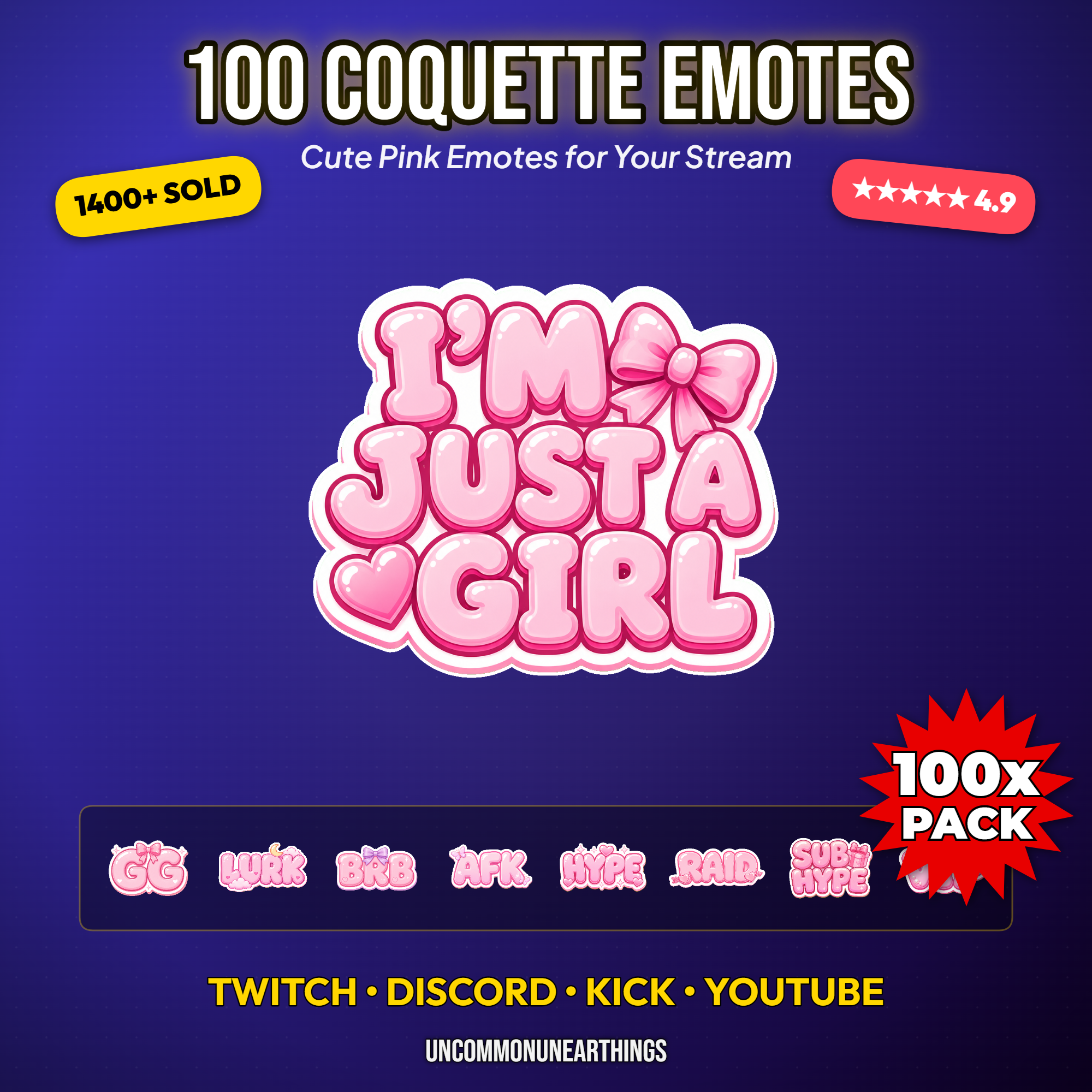 100 cute pink coquette text emotes with funny reactions including I'm Just A Girl Delulu Rizz Slay Pookie Feral Mode Princess Era Soft But Psycho GG RAID and No Thoughts Just Vibes for Twitch Discord Kick and YouTube streamers