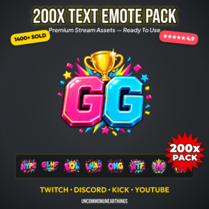 200 colorful pop art text emotes including GG RAID Clutch Legendary Ragequit Level Up Loot Slay Headshot Rizz Copium Malding Gigachad and Boss for Twitch Discord Kick and YouTube streamers