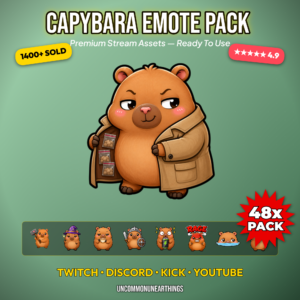 48 cute chibi capybara emotes pack with funny reactions including rage wizard dealer and hot tub for Twitch Discord Kick and YouTube streamers