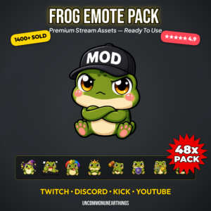 48 cute chibi frog emotes pack with funny reactions including MOD hat rage wizard clown and shield for Twitch Discord Kick and YouTube streamers