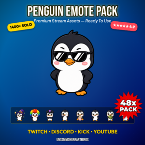48 cute chibi penguin emotes pack with funny reactions including wizard clown police MOD and GG for Twitch Discord Kick and YouTube streamers