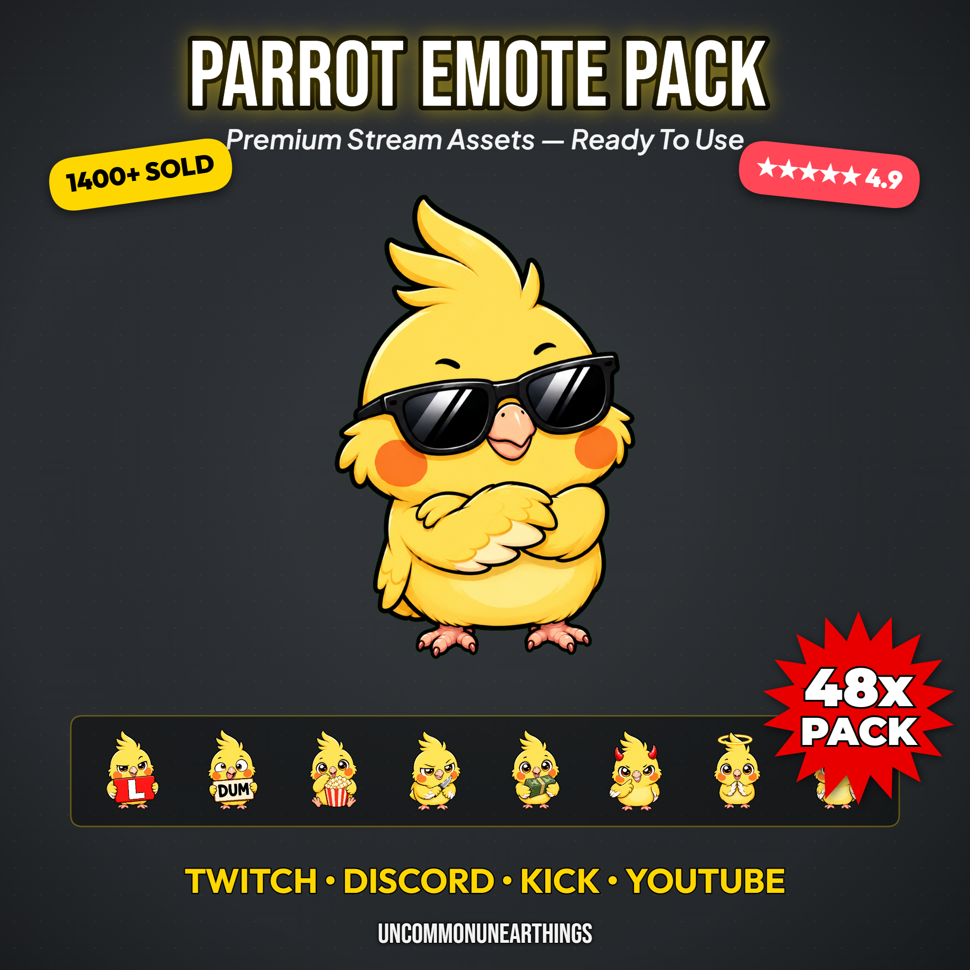 48 cute yellow chibi parrot emotes pack with funny reactions including sunglasses GG raid ban MOD and devil for Twitch Discord Kick and YouTube streamers