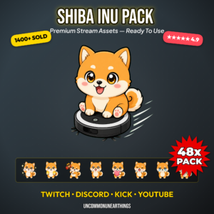 48 cute orange chibi shiba inu emotes pack with funny reactions including roomba rider GG EZ lurk and rage for Twitch Discord Kick and YouTube streamers