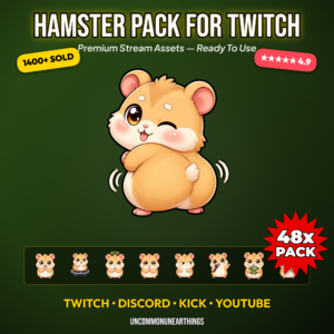 48 cute chibi hamster emotes pack with funny reactions including roomba angel MOD GG raid ban and boba sip for Twitch Discord Kick and YouTube streamers