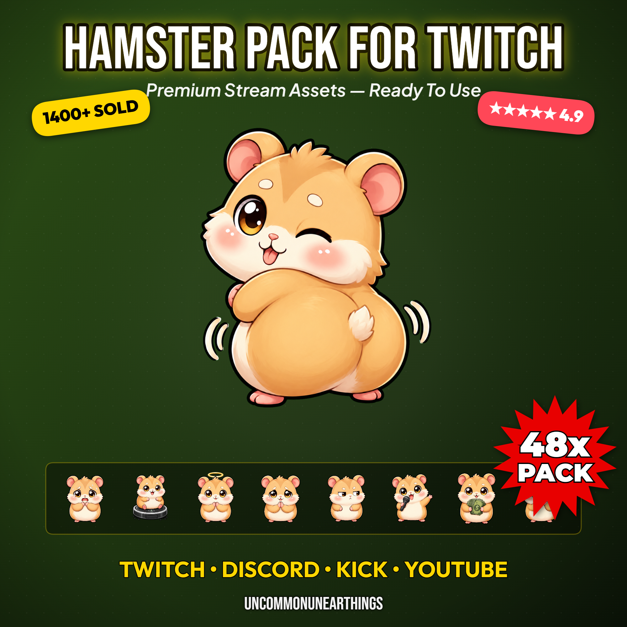 48 cute chibi hamster emotes pack with funny reactions including roomba angel MOD GG raid ban and boba sip for Twitch Discord Kick and YouTube streamers