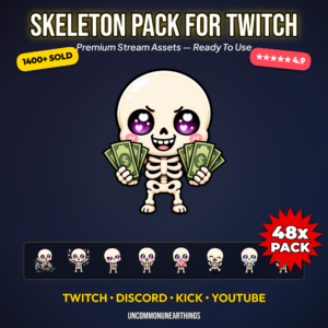 48 cute chibi skeleton emotes pack with purple heart eyes and funny reactions including money GG EZ lurk roomba and hype for Twitch Discord Kick and YouTube