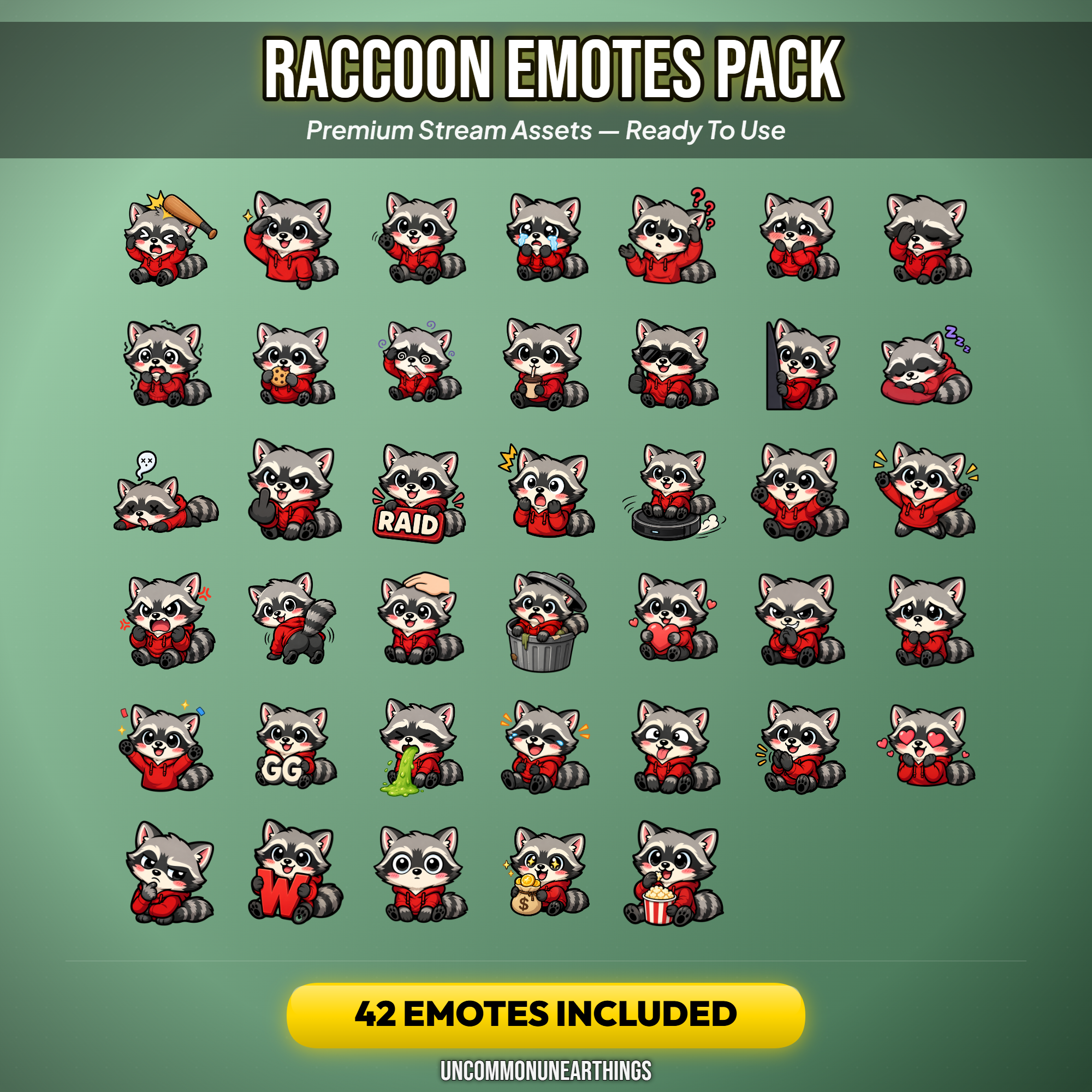 Raccoon Emote Pack — 42 Cute Chibi Raccoon Emotes for Twitch Discord - Image 2