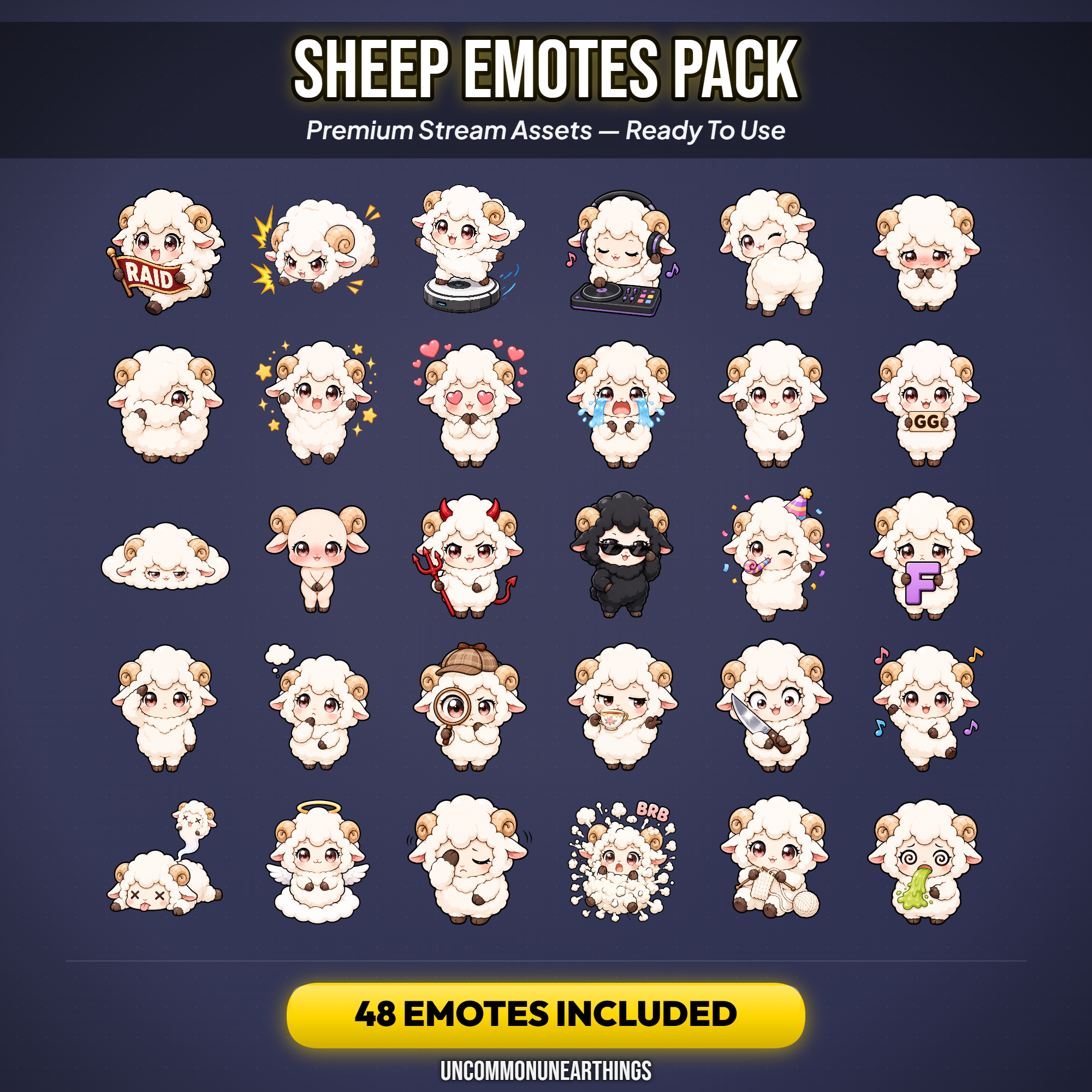 Sheep Emote Pack — 48 Cute Chibi Sheep Emotes for Twitch Discord - Image 2