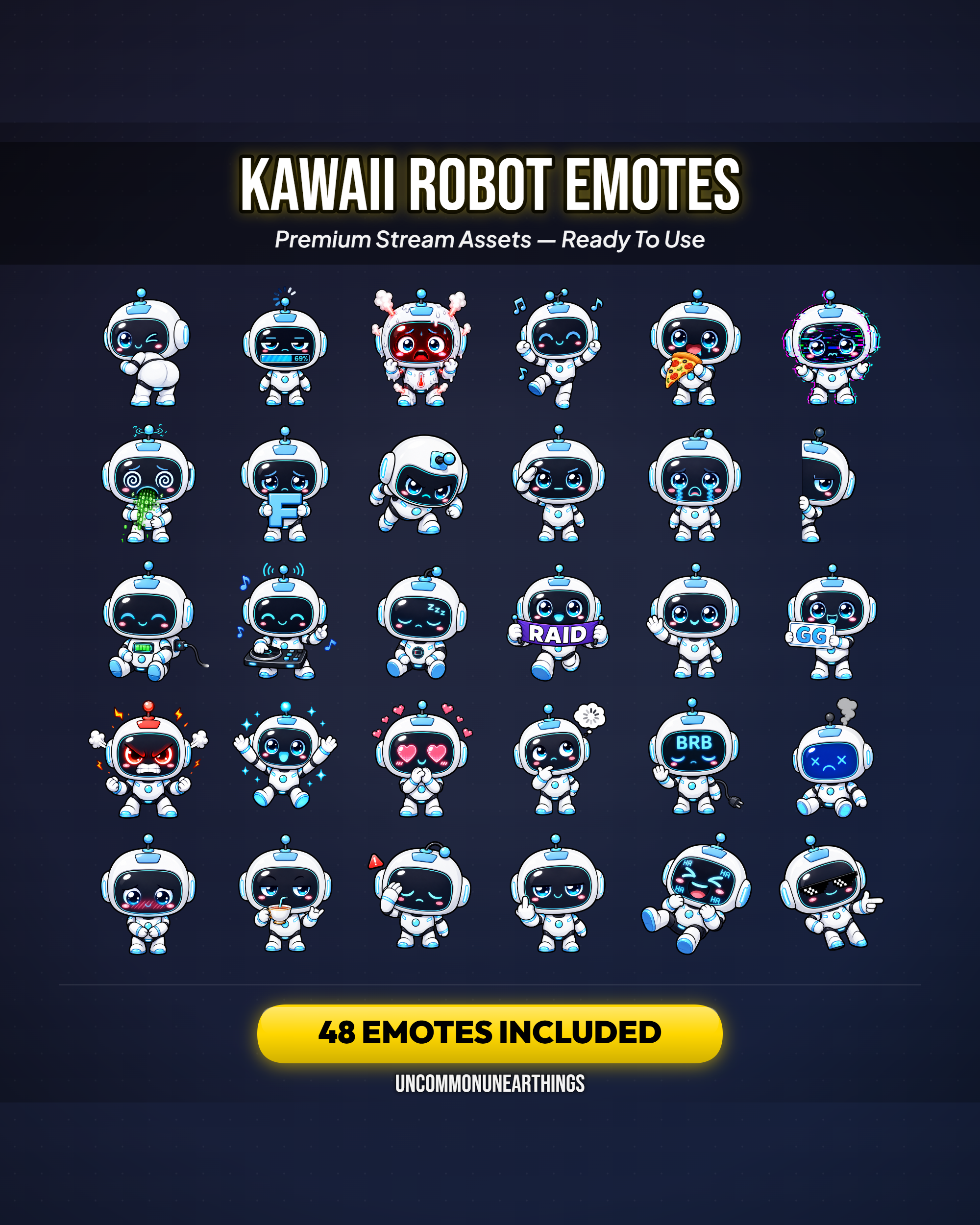 Robot Emote Pack — 48 Cute Kawaii Robot Emotes for Twitch Discord - Image 2